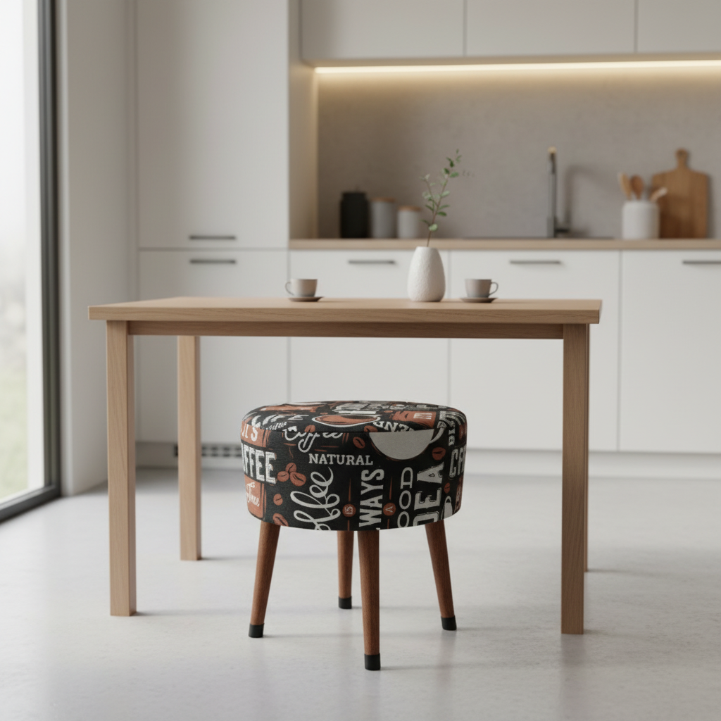 Kahve Desenli Puf Tabure – Retro Coffee Tasarım, Ahşap Ayaklı