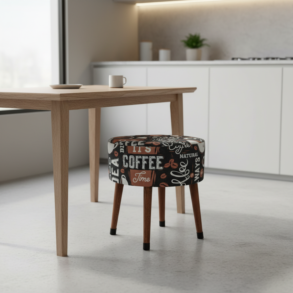 Kahve Desenli Puf Tabure – Retro Coffee Tasarım, Ahşap Ayaklı