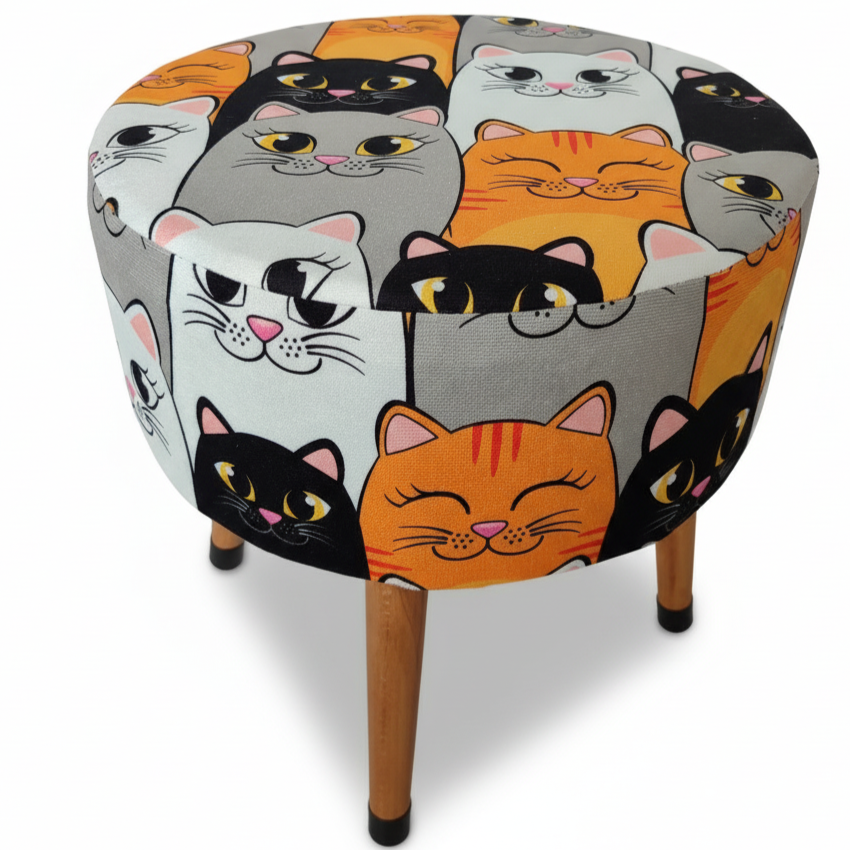 Kedi Desenli Dekoratif Puf Tabure – Ahşap Ayaklı Çok Amaçlı Çocuk Odası Pufu