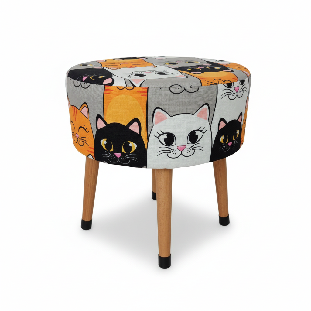 Kedi Desenli Dekoratif Puf Tabure – Ahşap Ayaklı Çok Amaçlı Çocuk Odası Pufu