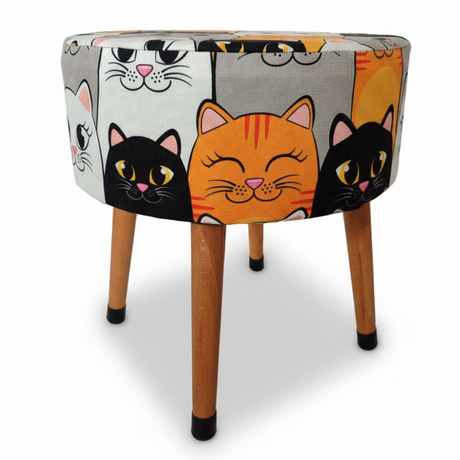 Kedi Desenli Dekoratif Puf Tabure – Ahşap Ayaklı Çok Amaçlı Çocuk Odası Pufu