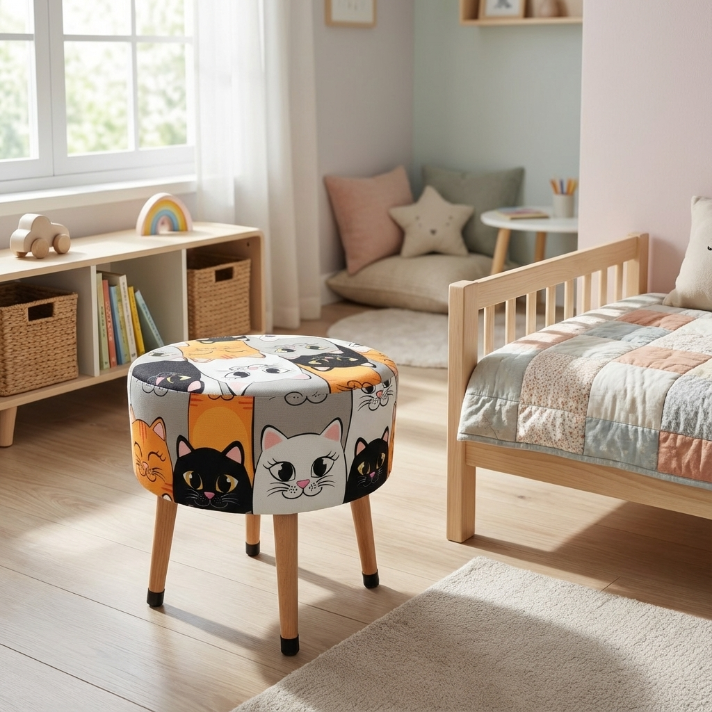 Kedi Desenli Dekoratif Puf Tabure – Ahşap Ayaklı Çok Amaçlı Çocuk Odası Pufu