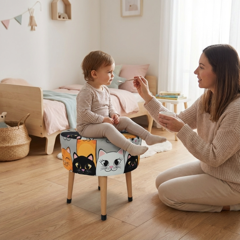 Kedi Desenli Dekoratif Puf Tabure – Ahşap Ayaklı Çok Amaçlı Çocuk Odası Pufu