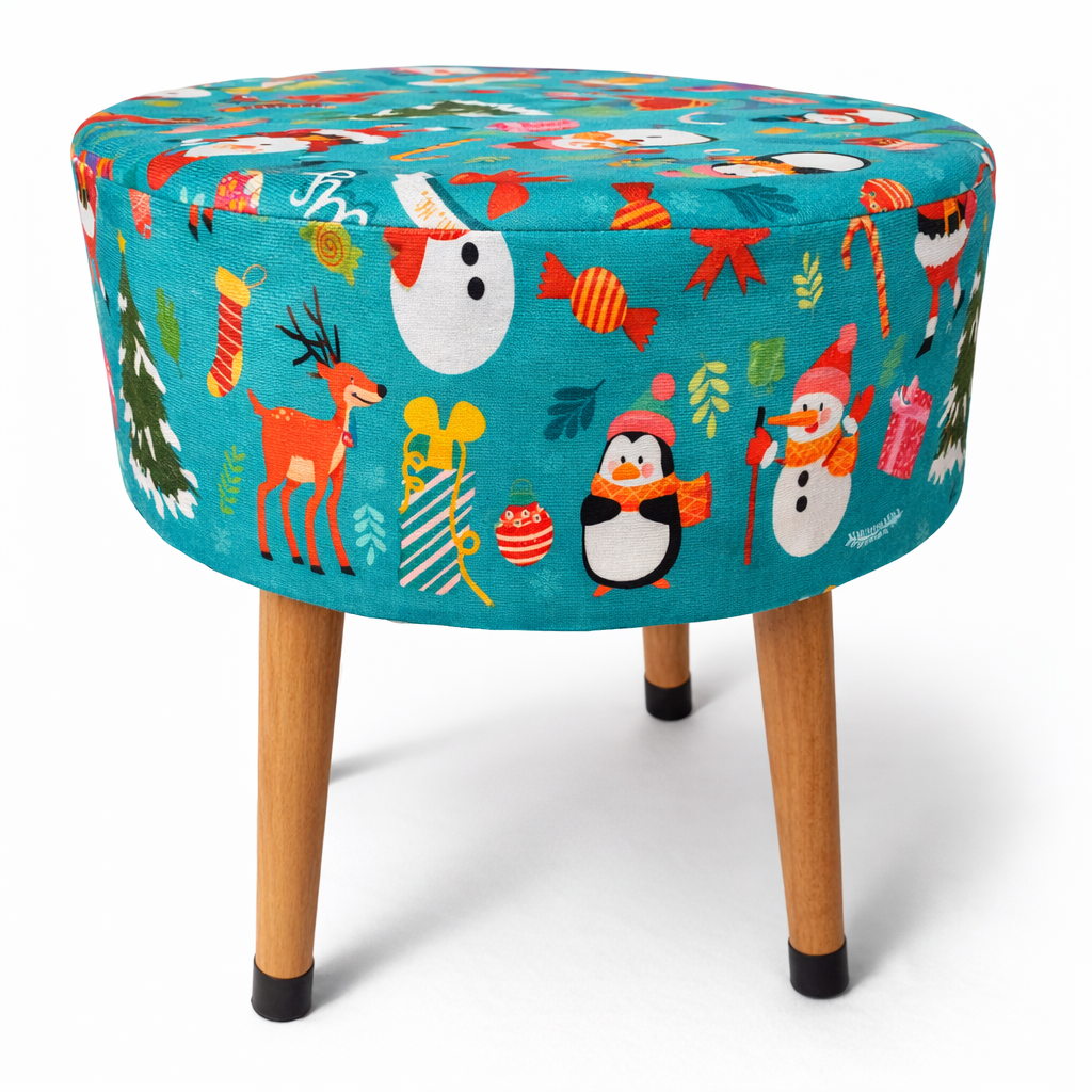 Yılbaşı Temalı Çocuk Odası Pufu – Eğlenceli, Renkli, Ahşap Ayaklı