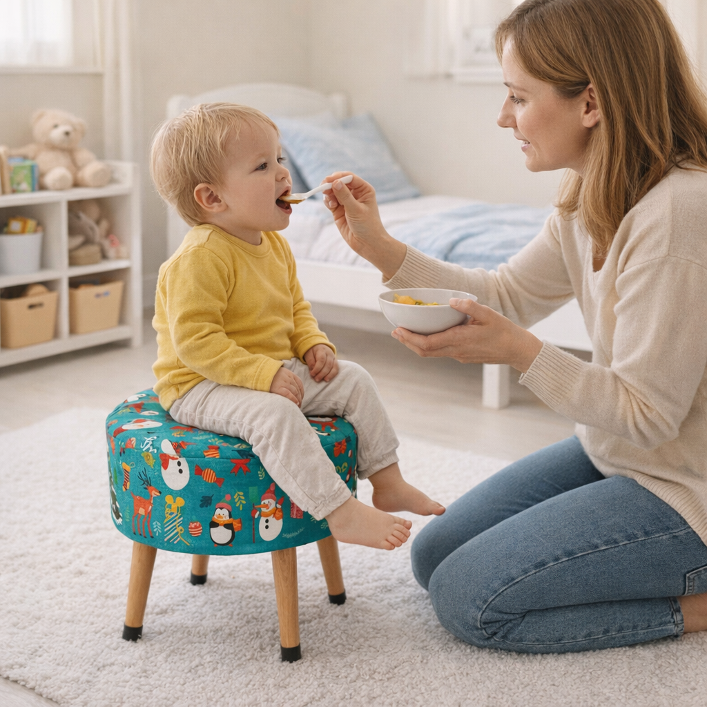 Yılbaşı Temalı Çocuk Odası Pufu – Eğlenceli, Renkli, Ahşap Ayaklı