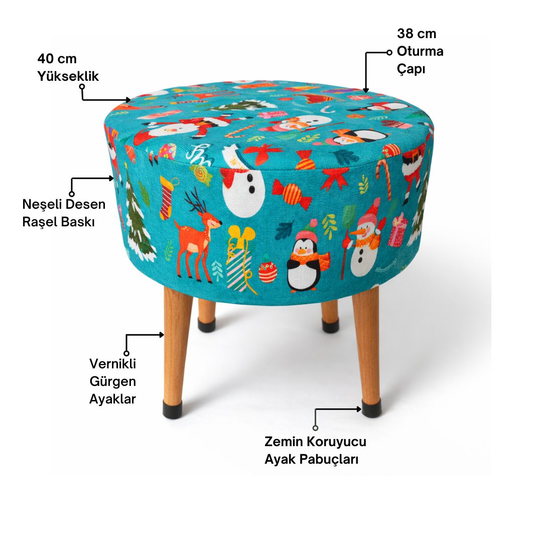 Yılbaşı Temalı Çocuk Odası Pufu – Eğlenceli, Renkli, Ahşap Ayaklı