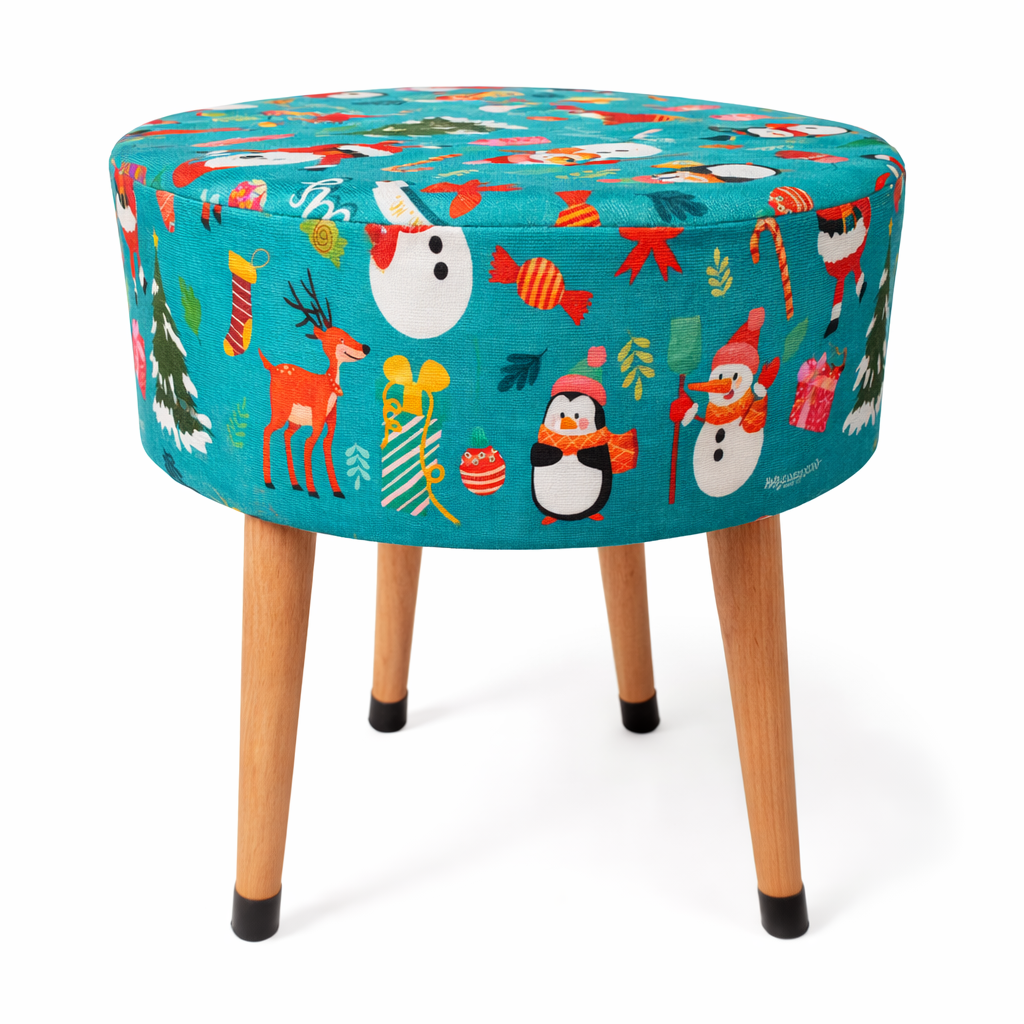 Yılbaşı Temalı Çocuk Odası Pufu – Eğlenceli, Renkli, Ahşap Ayaklı