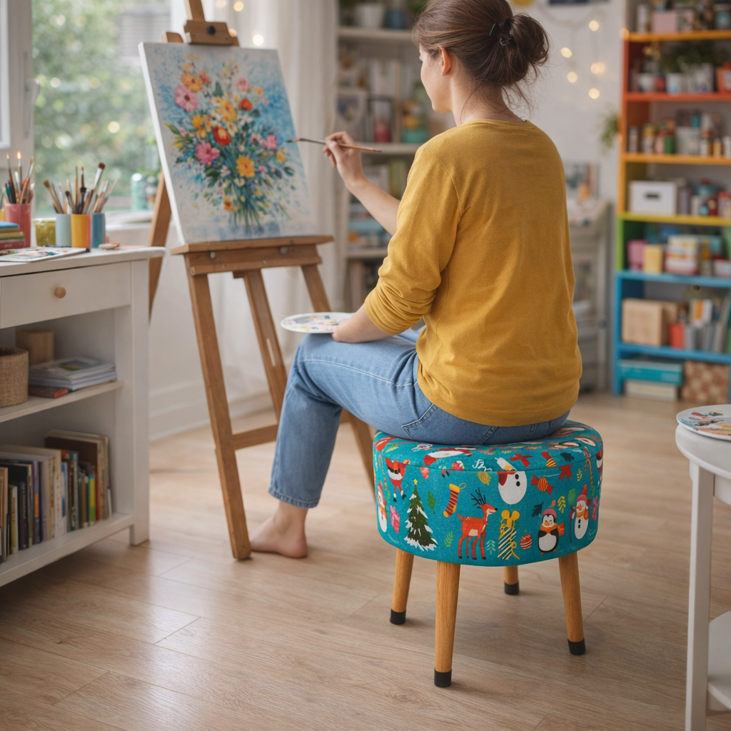 Yılbaşı Temalı Çocuk Odası Pufu – Eğlenceli, Renkli, Ahşap Ayaklı