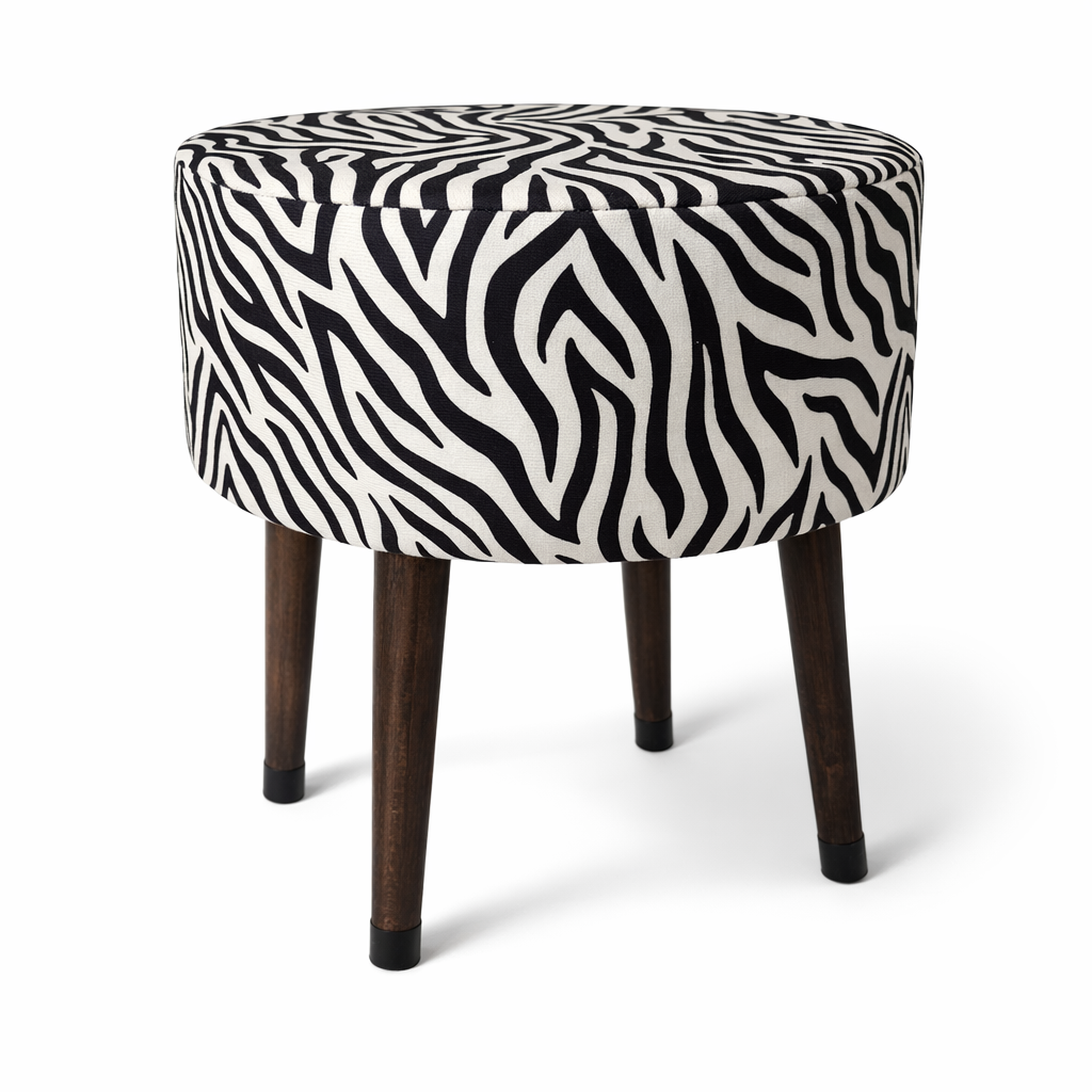 Salon Pufu – Dalgalı Zebra Desenli, Ahşap Ayaklı Dekoratif Tabure - Siyah Ayak