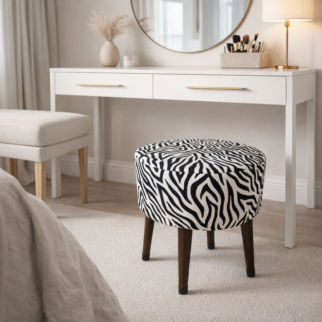 Salon Pufu – Dalgalı Zebra Desenli, Ahşap Ayaklı Dekoratif Tabure - Siyah Ayak