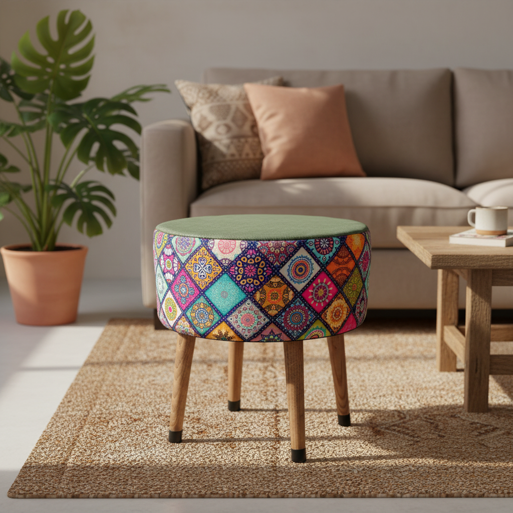 USTAAGAC Renkli Mandala Desenli El Yapımı Puf – Ahşap Ayaklı Dekoratif Oturma Taburesi Yeşil