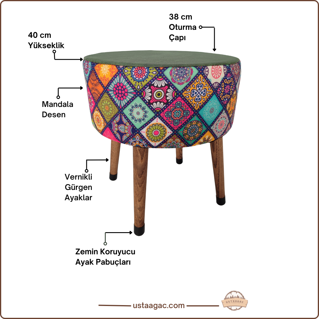 USTAAGAC Renkli Mandala Desenli El Yapımı Puf – Ahşap Ayaklı Dekoratif Oturma Taburesi Yeşil