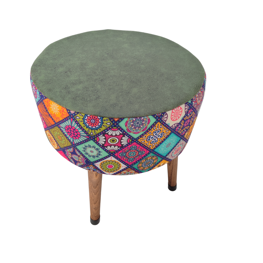 USTAAGAC Renkli Mandala Desenli El Yapımı Puf – Ahşap Ayaklı Dekoratif Oturma Taburesi Yeşil