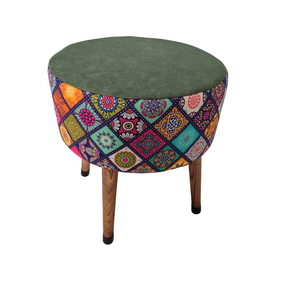 USTAAGAC Renkli Mandala Desenli El Yapımı Puf – Ahşap Ayaklı Dekoratif Oturma Taburesi Yeşil
