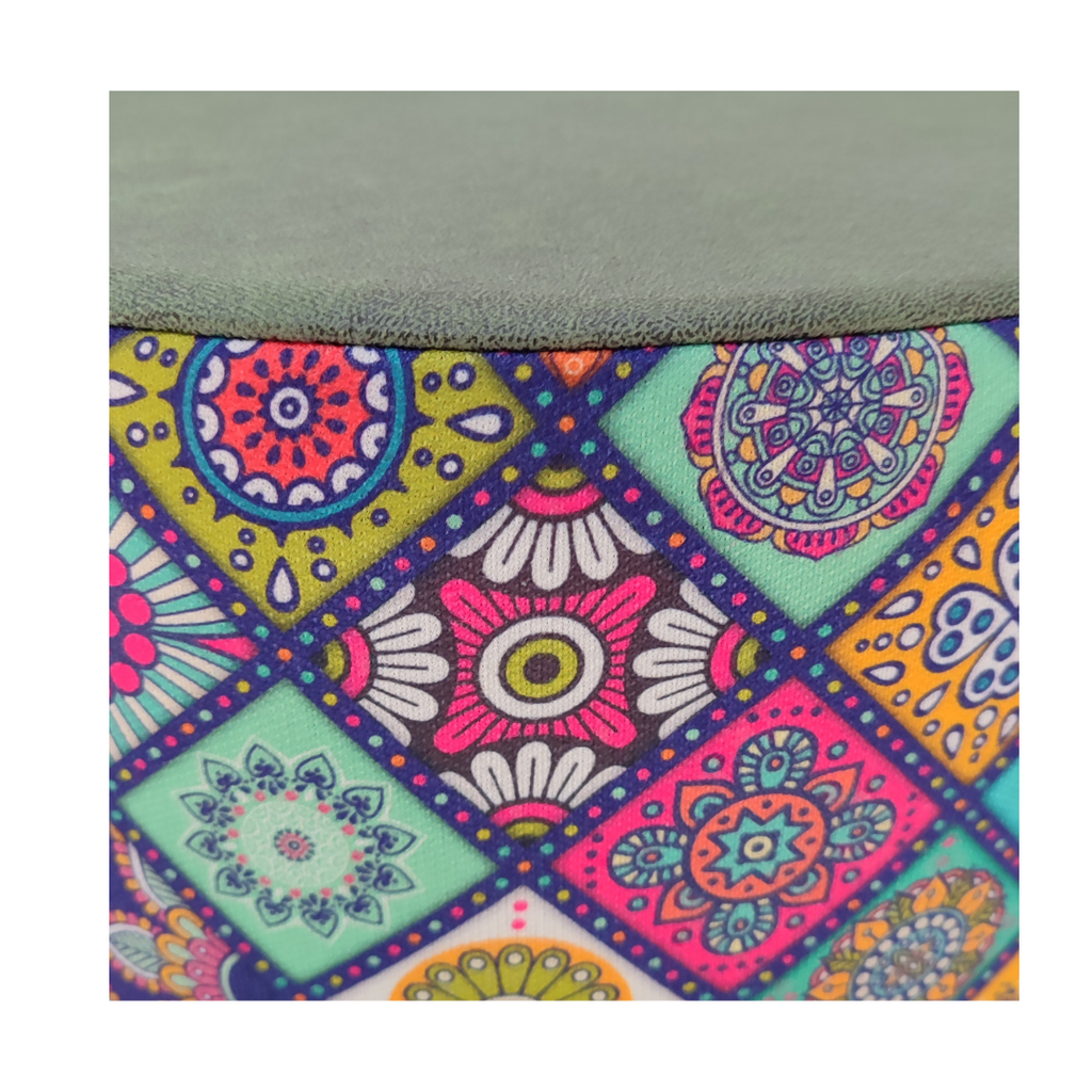 USTAAGAC Renkli Mandala Desenli El Yapımı Puf – Ahşap Ayaklı Dekoratif Oturma Taburesi Yeşil
