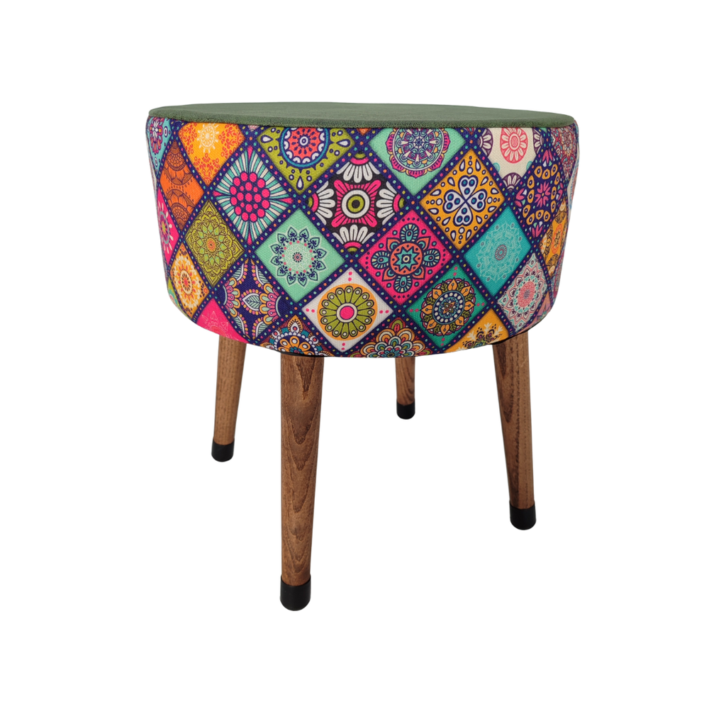 USTAAGAC Renkli Mandala Desenli El Yapımı Puf – Ahşap Ayaklı Dekoratif Oturma Taburesi Yeşil