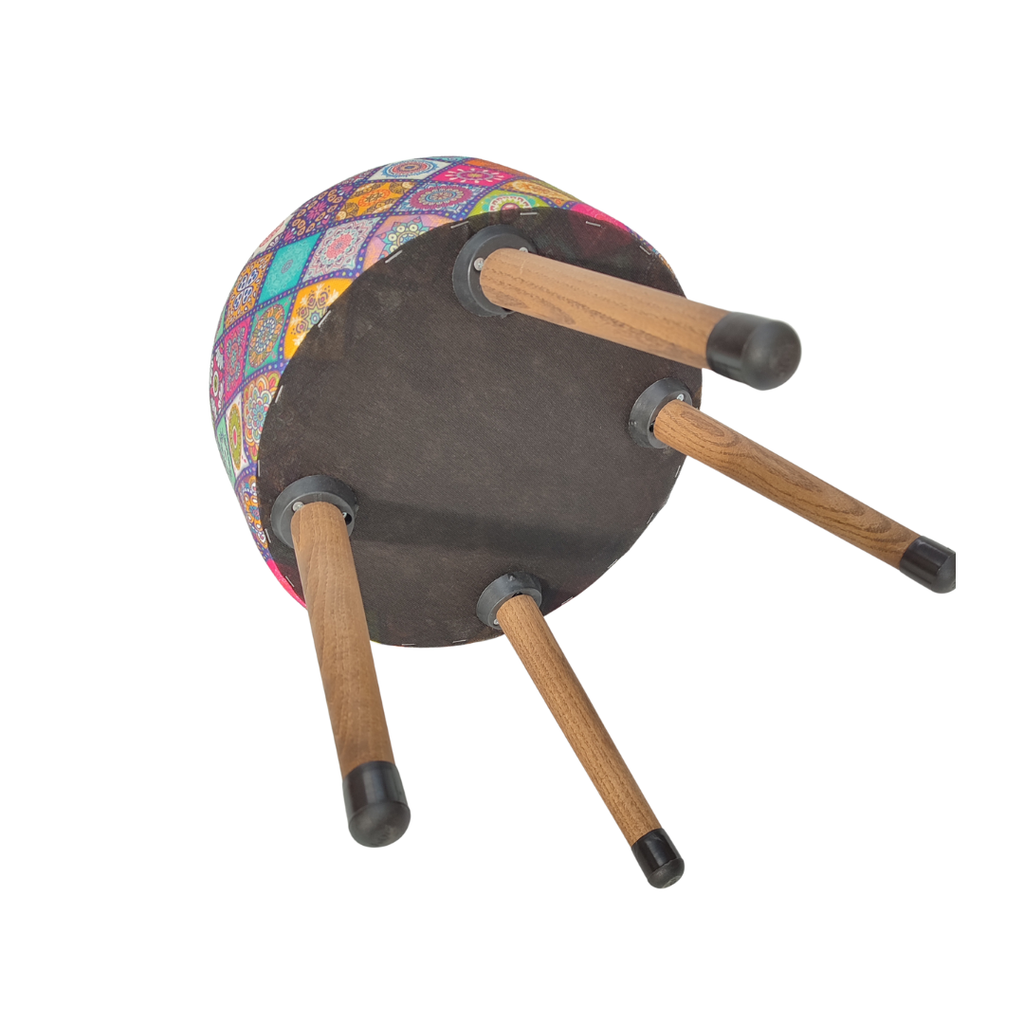 USTAAGAC Renkli Mandala Desenli El Yapımı Puf – Ahşap Ayaklı Dekoratif Oturma Taburesi Yeşil