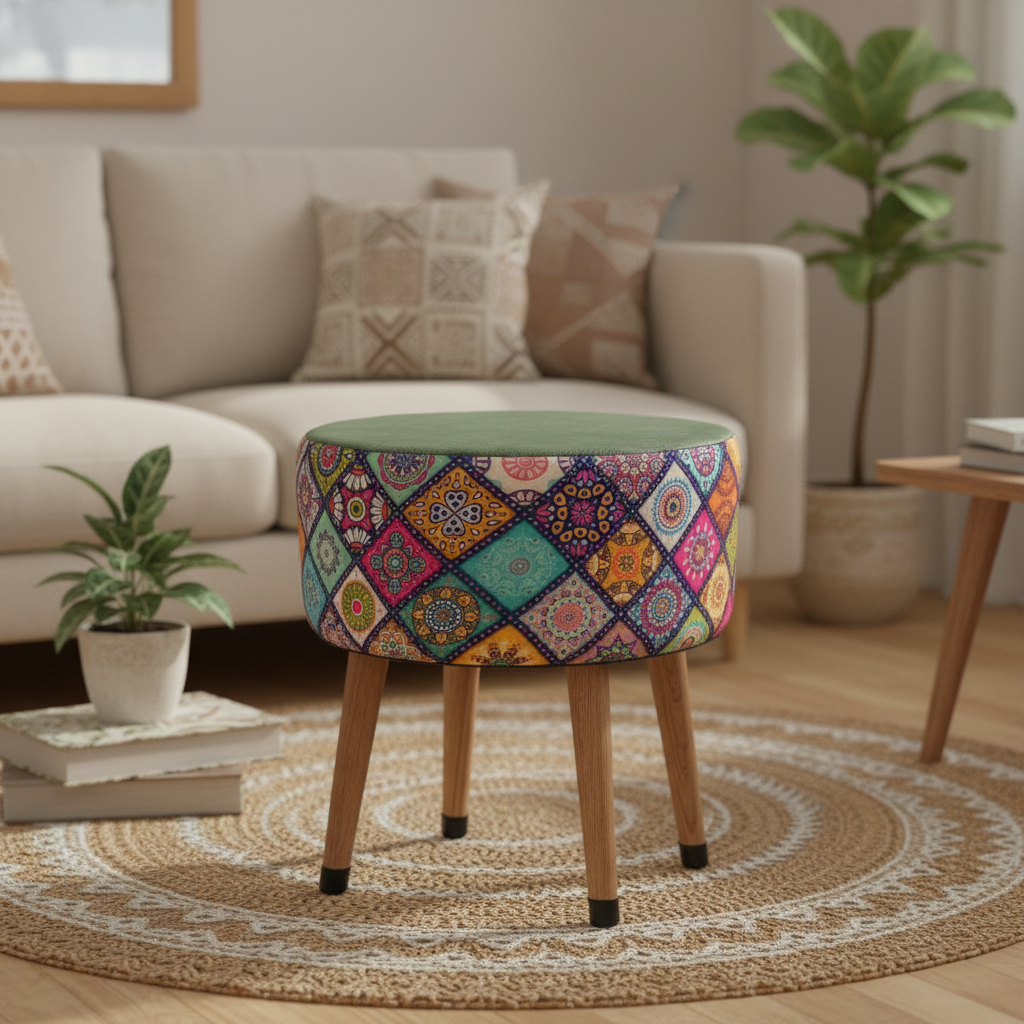 USTAAGAC Renkli Mandala Desenli El Yapımı Puf – Ahşap Ayaklı Dekoratif Oturma Taburesi Yeşil