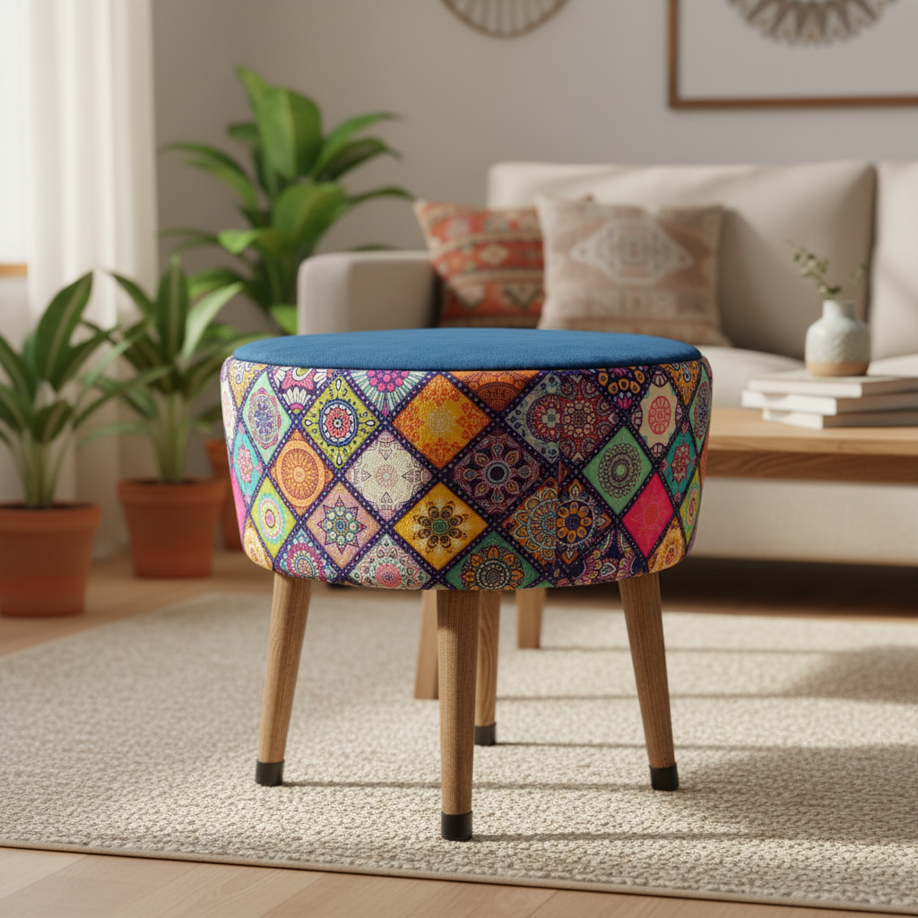 USTAAGAC Renkli Mandala Desenli El Yapımı Puf – Ahşap Ayaklı Dekoratif Oturma Taburesi Mavi