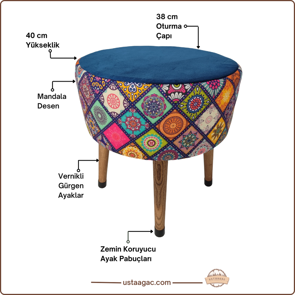 USTAAGAC Renkli Mandala Desenli El Yapımı Puf – Ahşap Ayaklı Dekoratif Oturma Taburesi Mavi