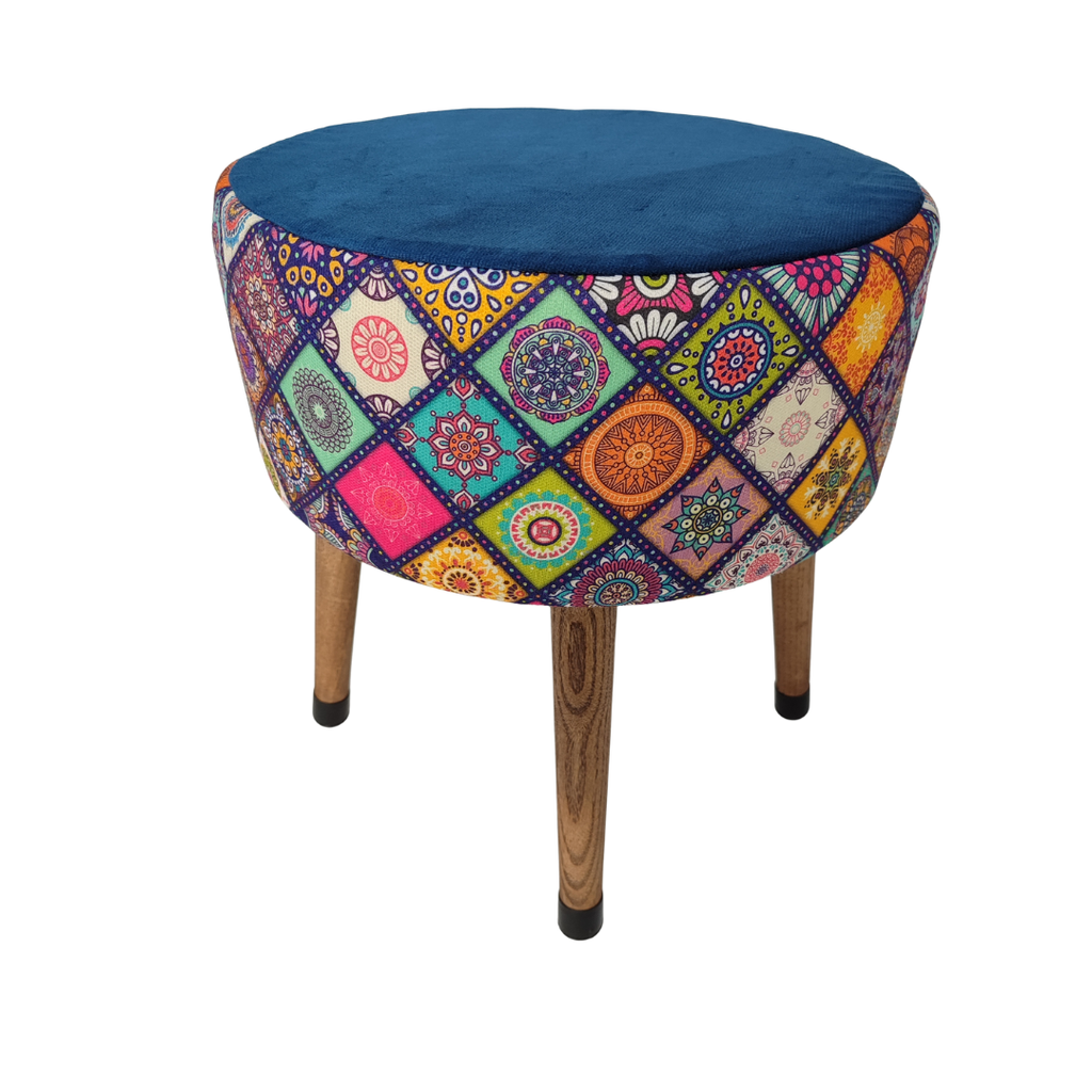 USTAAGAC Renkli Mandala Desenli El Yapımı Puf – Ahşap Ayaklı Dekoratif Oturma Taburesi Mavi