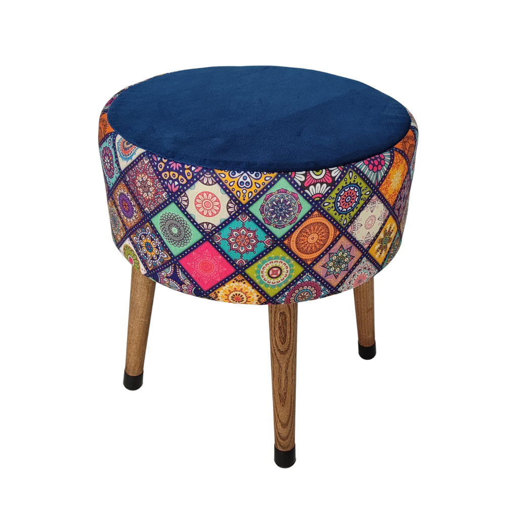 USTAAGAC Renkli Mandala Desenli El Yapımı Puf – Ahşap Ayaklı Dekoratif Oturma Taburesi Mavi