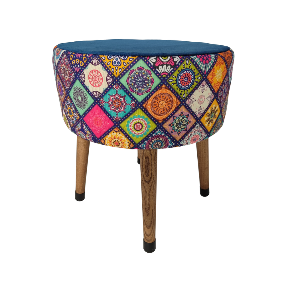 USTAAGAC Renkli Mandala Desenli El Yapımı Puf – Ahşap Ayaklı Dekoratif Oturma Taburesi Mavi