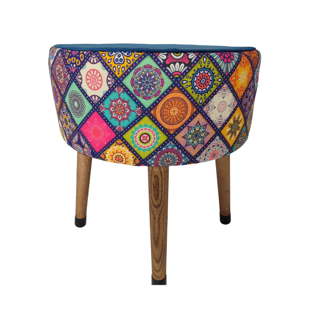 USTAAGAC Renkli Mandala Desenli El Yapımı Puf – Ahşap Ayaklı Dekoratif Oturma Taburesi Mavi