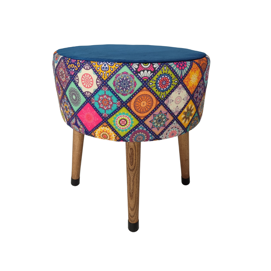 USTAAGAC Renkli Mandala Desenli El Yapımı Puf – Ahşap Ayaklı Dekoratif Oturma Taburesi Mavi