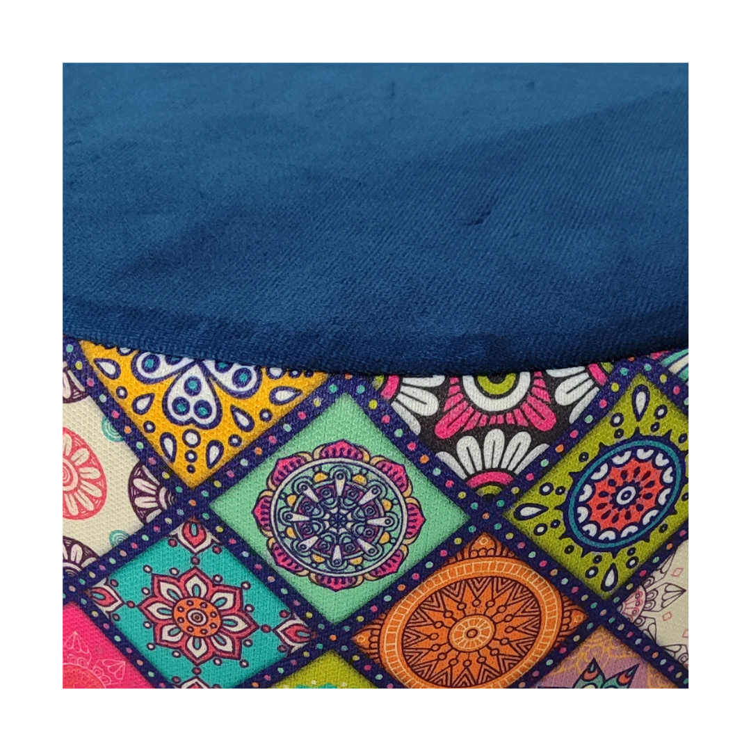 USTAAGAC Renkli Mandala Desenli El Yapımı Puf – Ahşap Ayaklı Dekoratif Oturma Taburesi Mavi