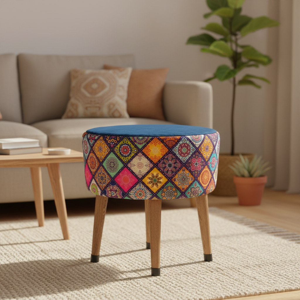 USTAAGAC Renkli Mandala Desenli El Yapımı Puf – Ahşap Ayaklı Dekoratif Oturma Taburesi Mavi