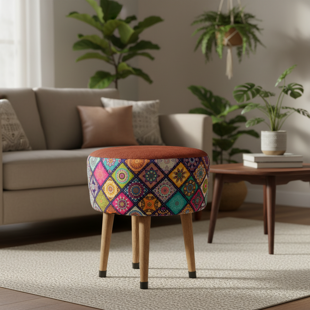 USTAAGAC Renkli Mandala Desenli El Yapımı Puf – Ahşap Ayaklı Dekoratif Oturma Taburesi Kiremit