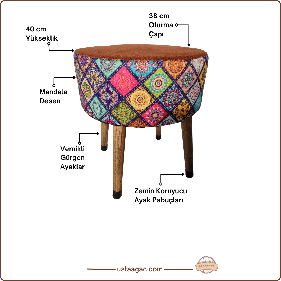 USTAAGAC Renkli Mandala Desenli El Yapımı Puf – Ahşap Ayaklı Dekoratif Oturma Taburesi Kiremit