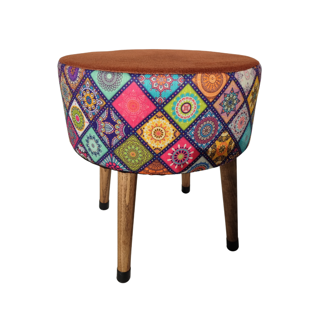 USTAAGAC Renkli Mandala Desenli El Yapımı Puf – Ahşap Ayaklı Dekoratif Oturma Taburesi Kiremit