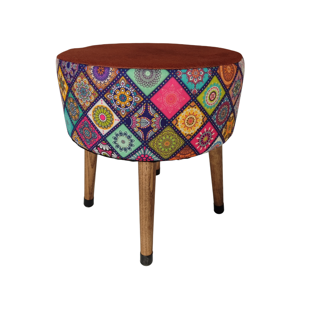 USTAAGAC Renkli Mandala Desenli El Yapımı Puf – Ahşap Ayaklı Dekoratif Oturma Taburesi Kiremit