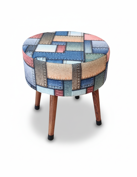 USTAAGAC Etna Patchwork Yama İşi Desenli El Yapımı Puf – Ahşap Ayaklı Dekoratif Oturma Taburesi