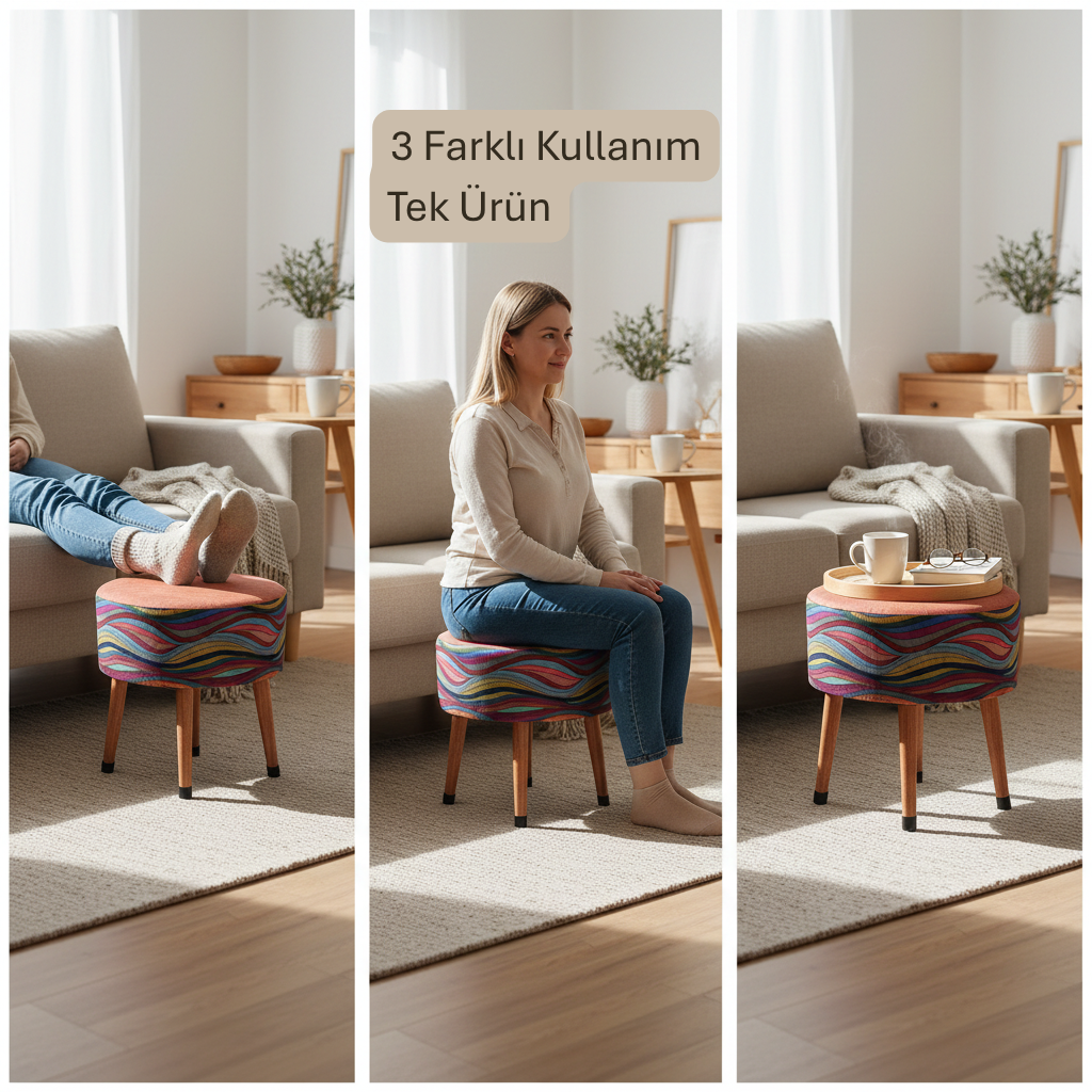 USTAAGAC Bohem Gökkuşağı Dalga Desenli Puf | El Yapımı Şık Oturum Taburesi Kiremit