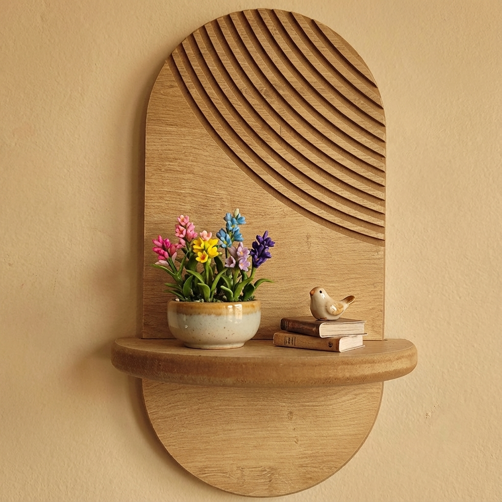 Minimal Meşe Duvar Rafı - 1 Kademeli Radyal Çizgili - Meşe Rengi