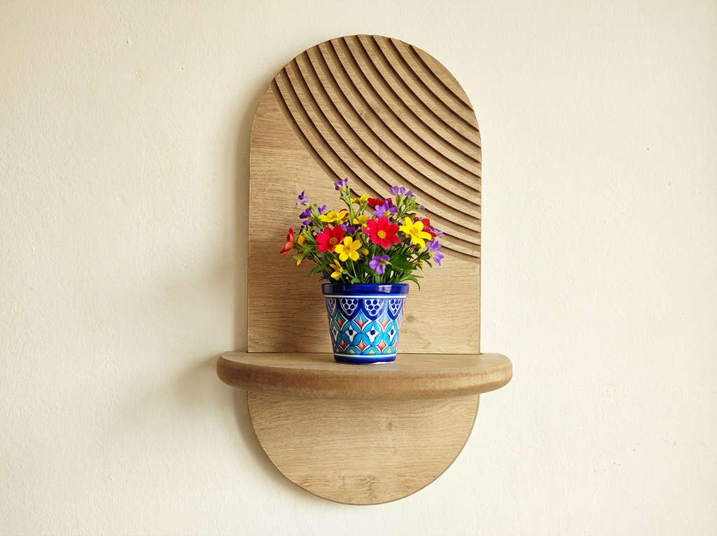 Minimal Meşe Duvar Rafı - 1 Kademeli Radyal Çizgili - Meşe Rengi