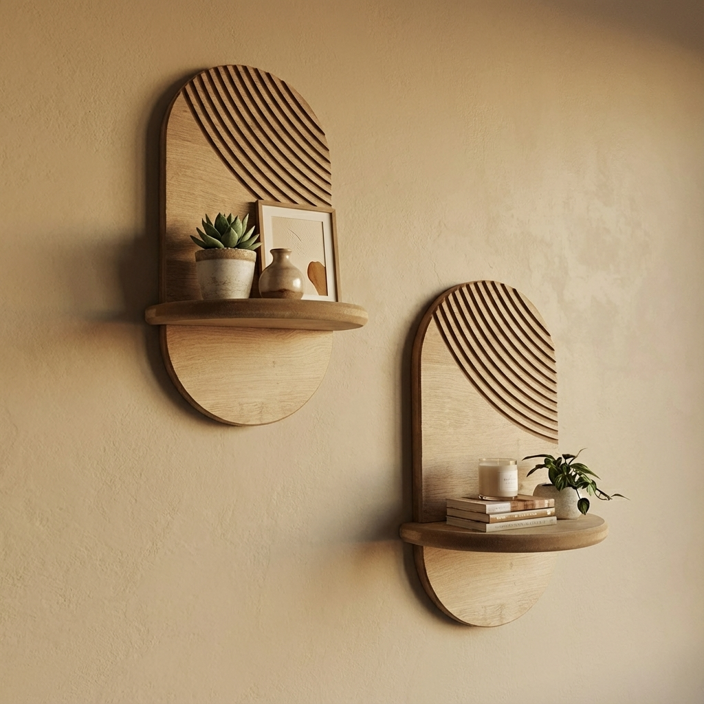 Minimal Meşe Duvar Rafı - 1 Kademeli Radyal Çizgili - Meşe Rengi