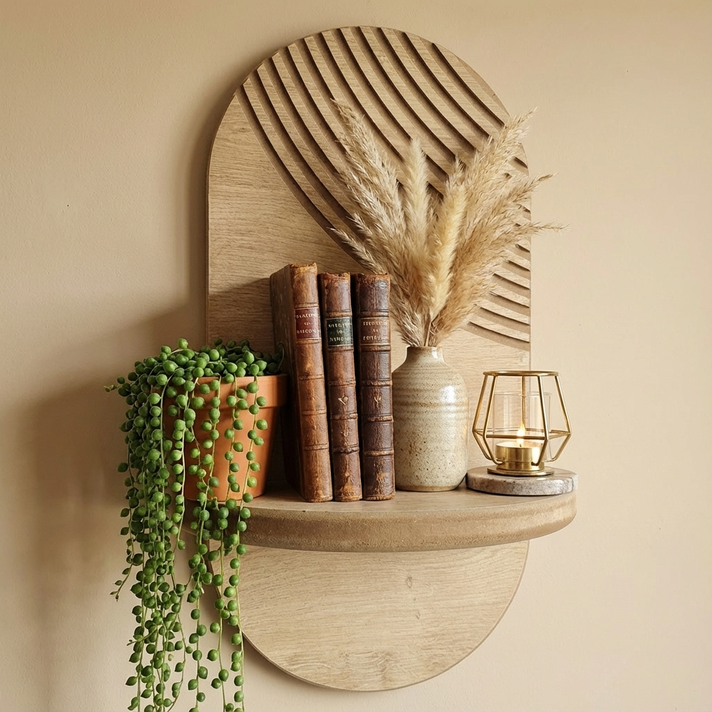 Minimal Meşe Duvar Rafı - 1 Kademeli Radyal Çizgili - Meşe Rengi