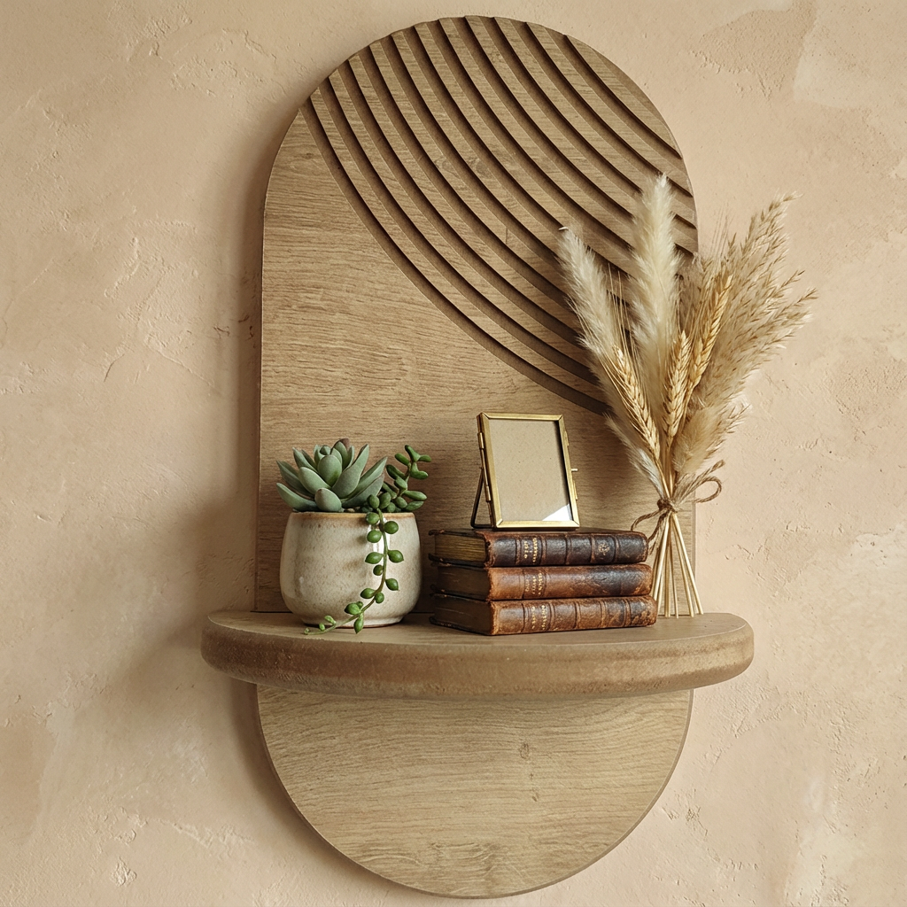 Minimal Meşe Duvar Rafı - 1 Kademeli Radyal Çizgili - Meşe Rengi