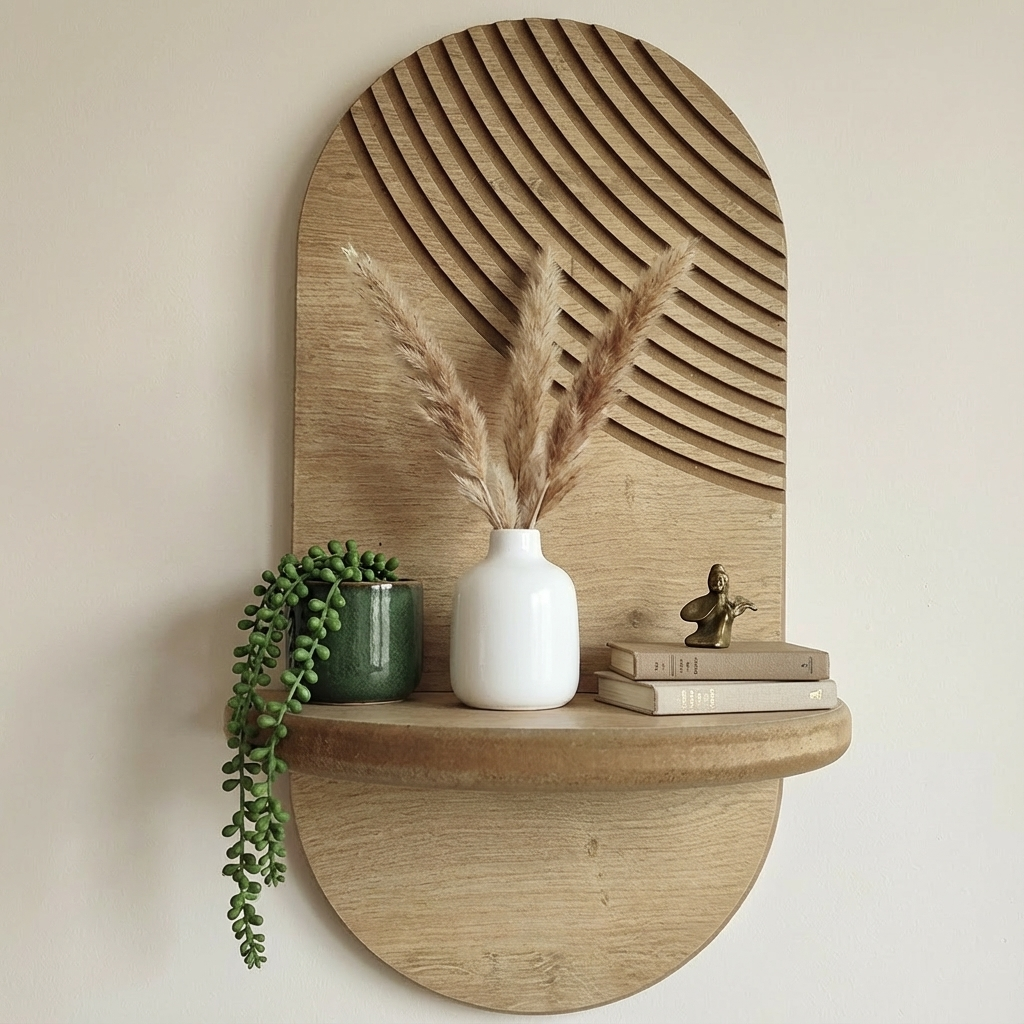 Minimal Meşe Duvar Rafı - 1 Kademeli Radyal Çizgili - Meşe Rengi
