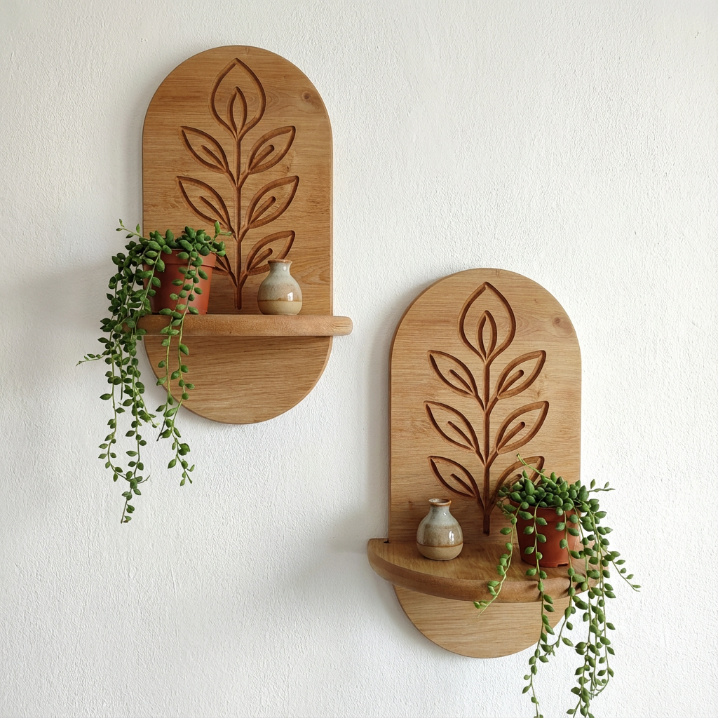 Minimal Meşe Duvar Rafı - 1 Kademeli Gravür Çiçek Deseni