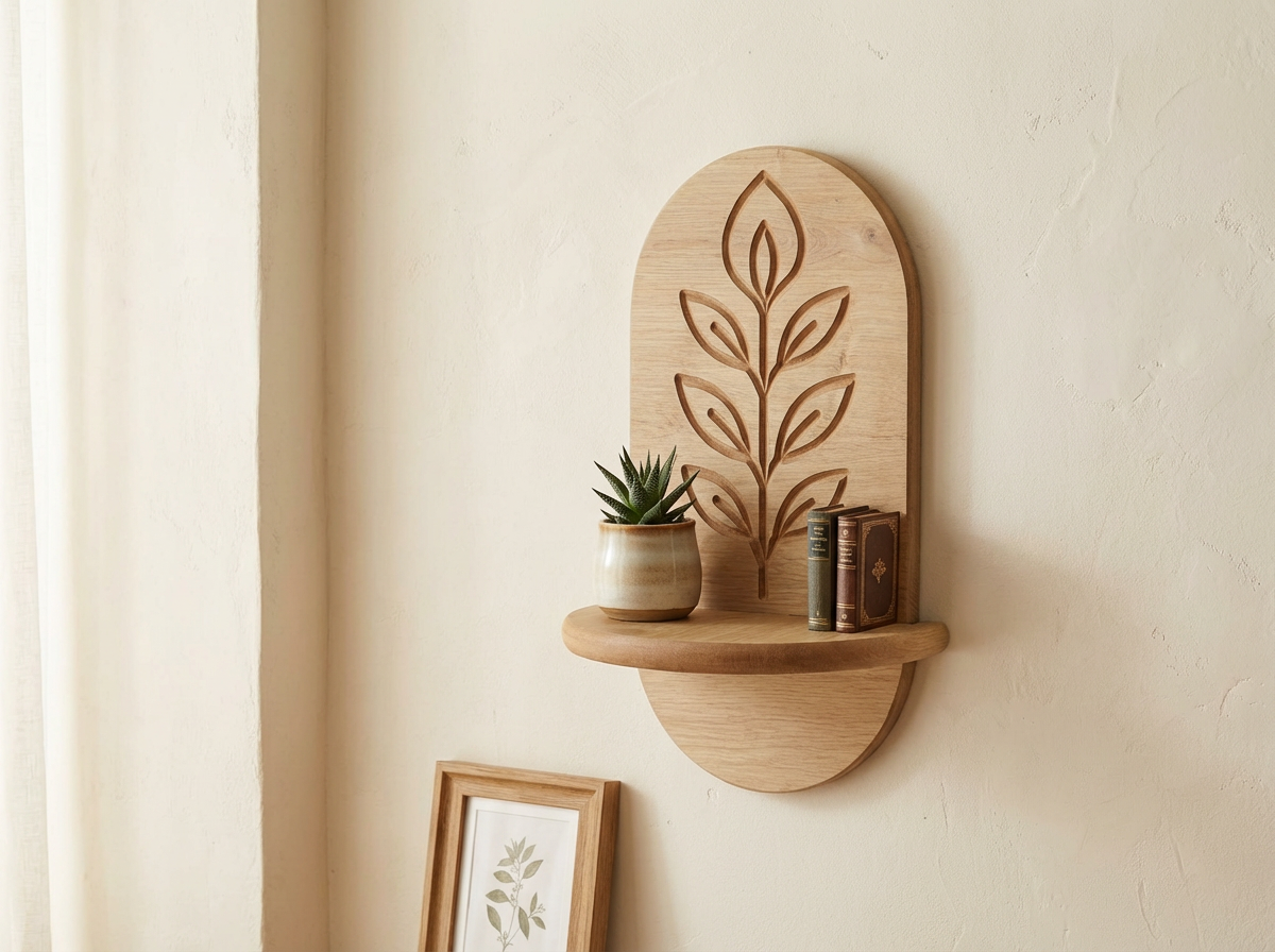 Minimal Meşe Duvar Rafı - 1 Kademeli Gravür Çiçek Deseni