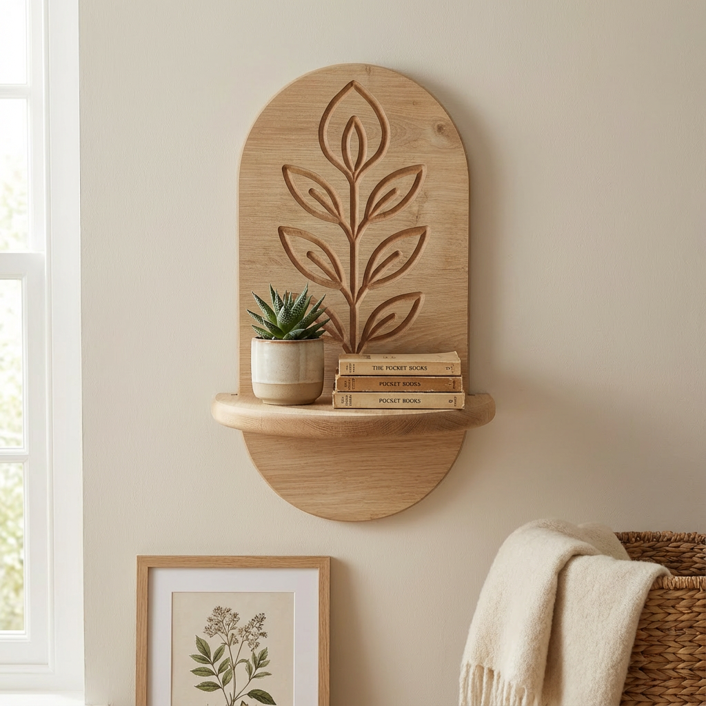 Minimal Meşe Duvar Rafı - 1 Kademeli Gravür Çiçek Deseni