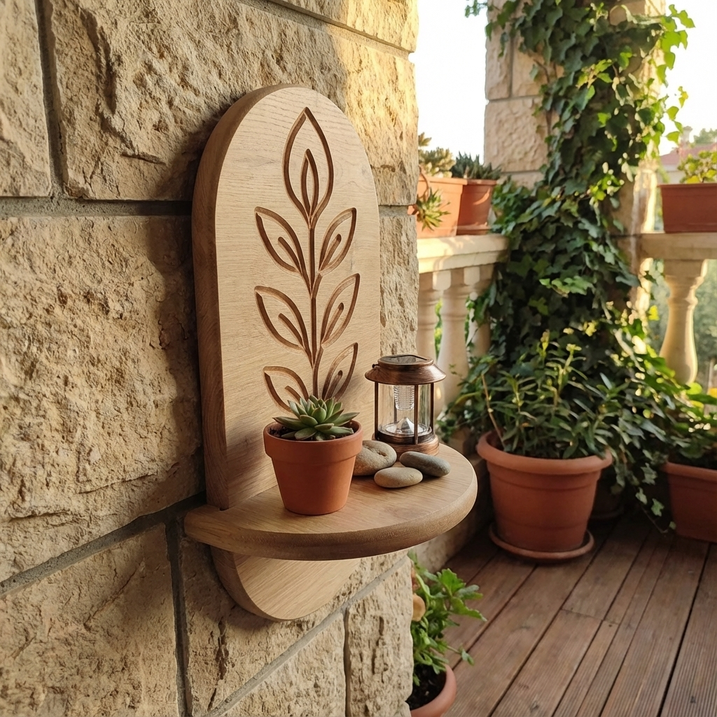 Minimal Meşe Duvar Rafı - 1 Kademeli Gravür Çiçek Deseni