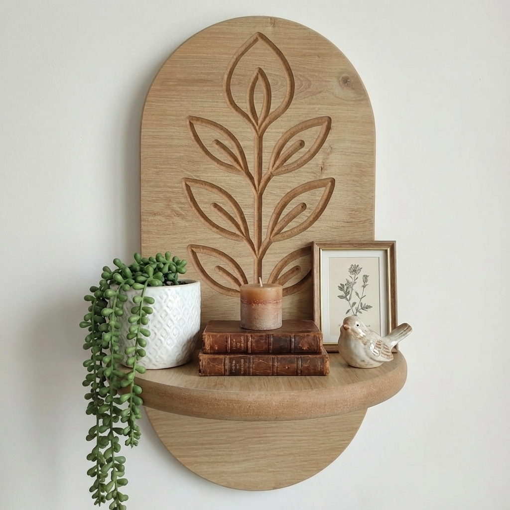 Minimal Meşe Duvar Rafı - 1 Kademeli Gravür Çiçek Deseni