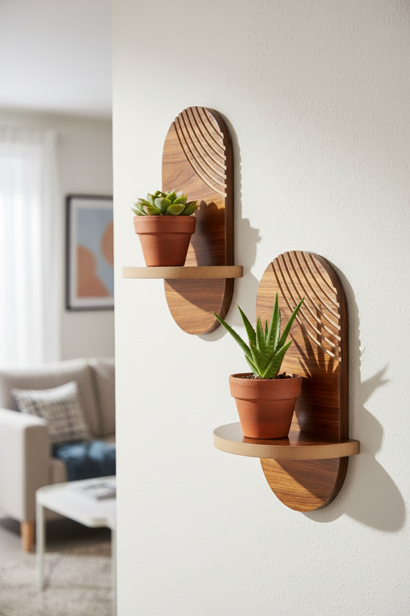 Minimal Ceviz Duvar Rafı - 1 Kademeli Radyal Çizgili - Ceviz Rengi