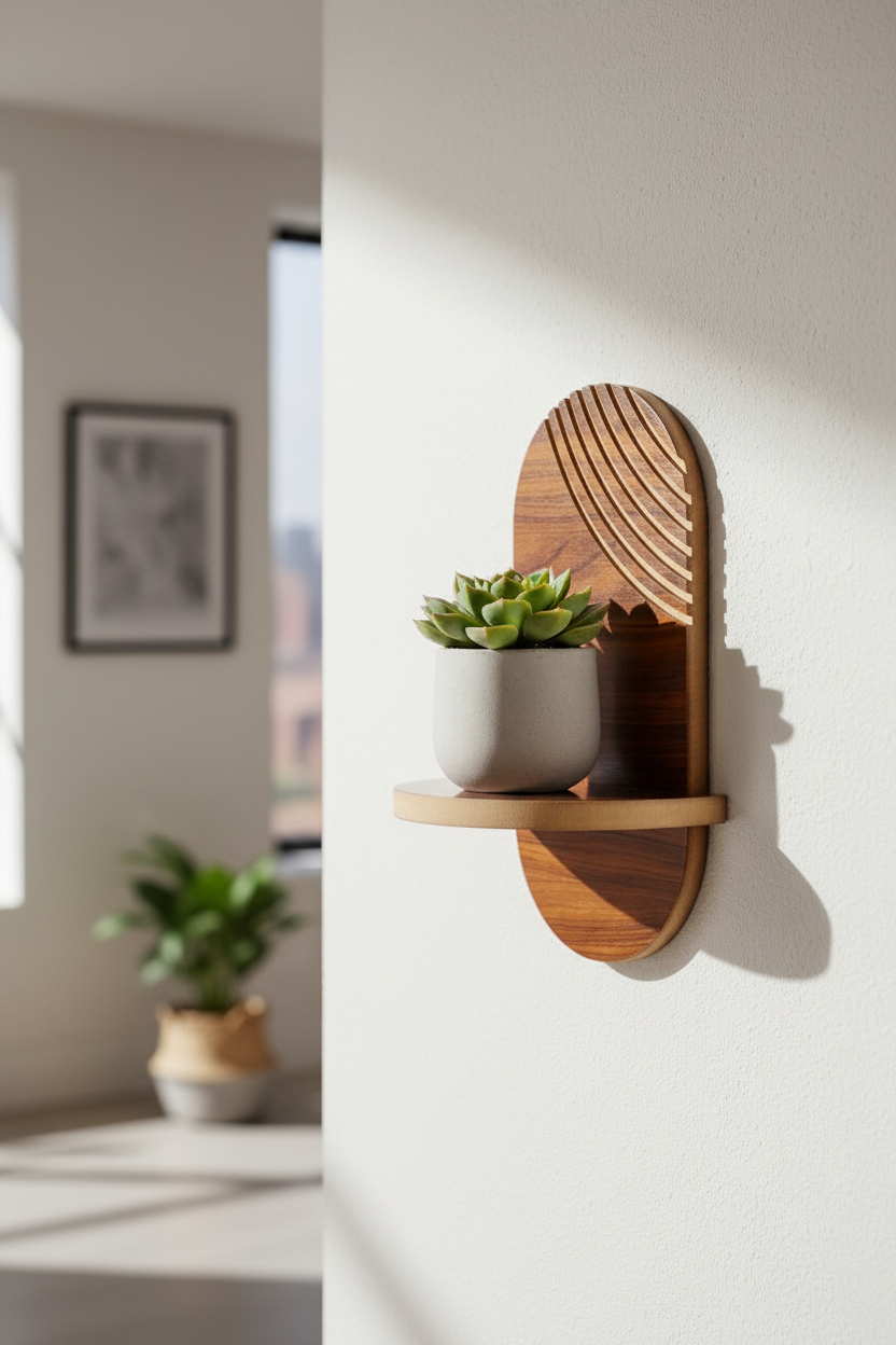 Minimal Ceviz Duvar Rafı - 1 Kademeli Radyal Çizgili - Ceviz Rengi